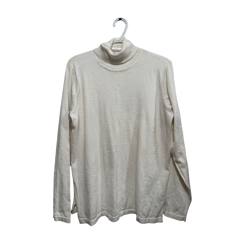 Jeanne Pierre Women L White 100% Cotton Turtleneck Sweater Classic Knit Pullover